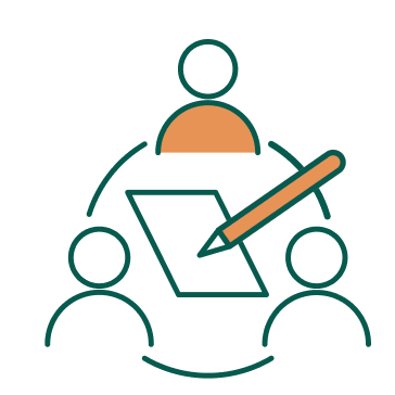 Illustration of people in a circle with a pencil and paper between them