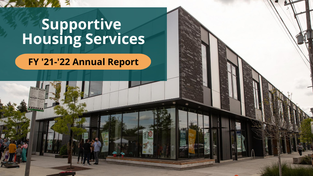 Image Description: Background Image: View of the Nick Fish apartments. Text: Supportive Housing Services. FY '21-'22 Annual Report.
