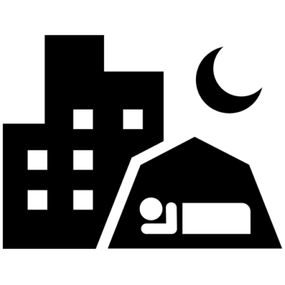 Graphic of a person sleeping in a tent in the city.